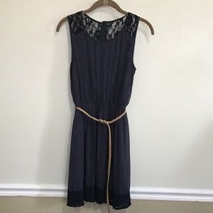 Navy polka dot summer dress with lace accents